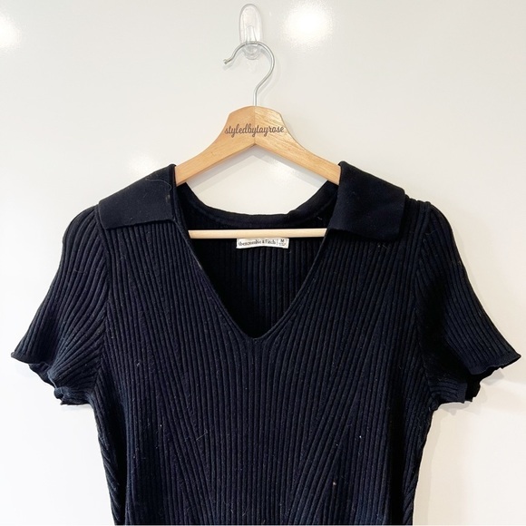 Abercrombie & Fitch Black Ribbed Knit Dress With Collar Short Sleeve Fitted - Picture 5 of 12
